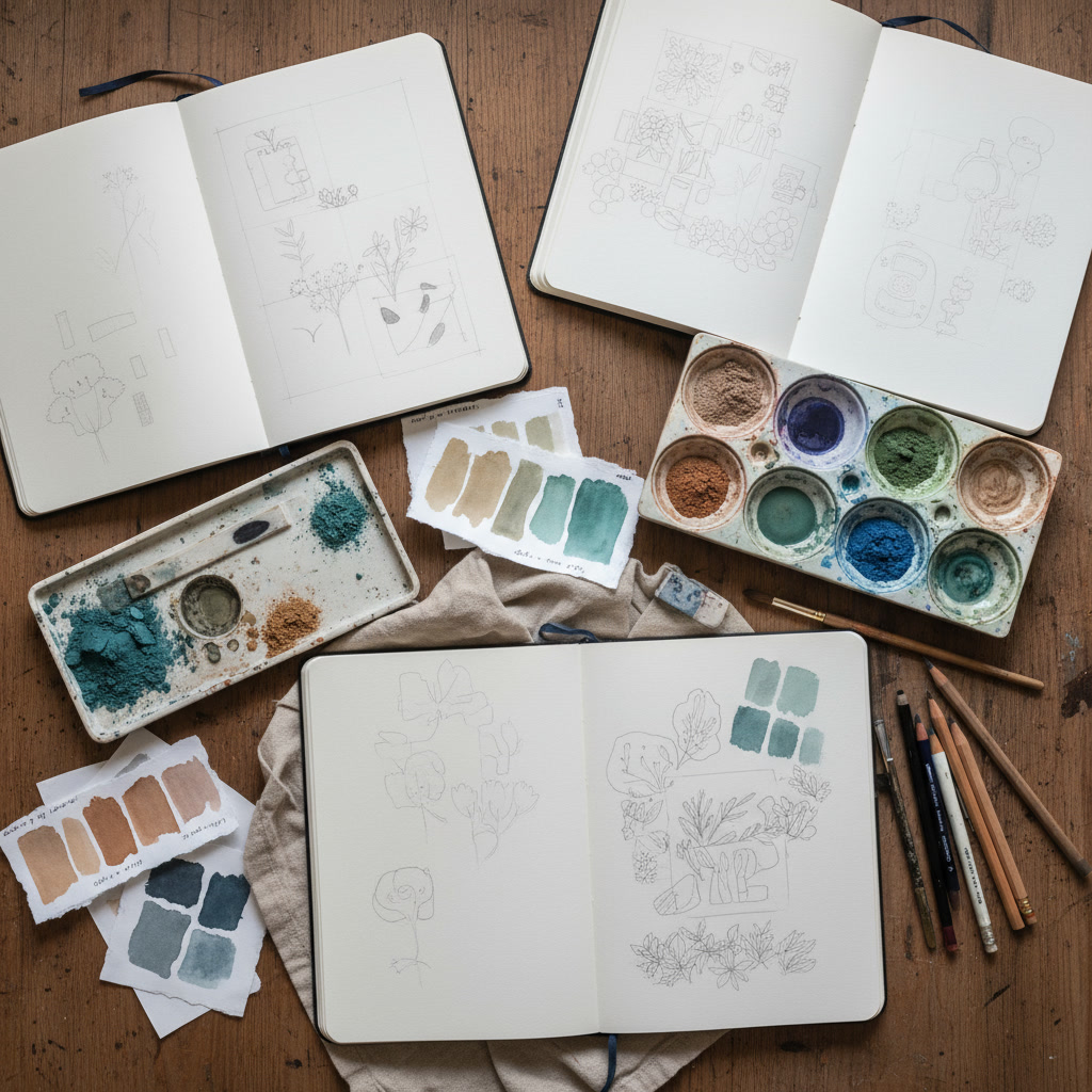 Studio workspace with brushes and materials